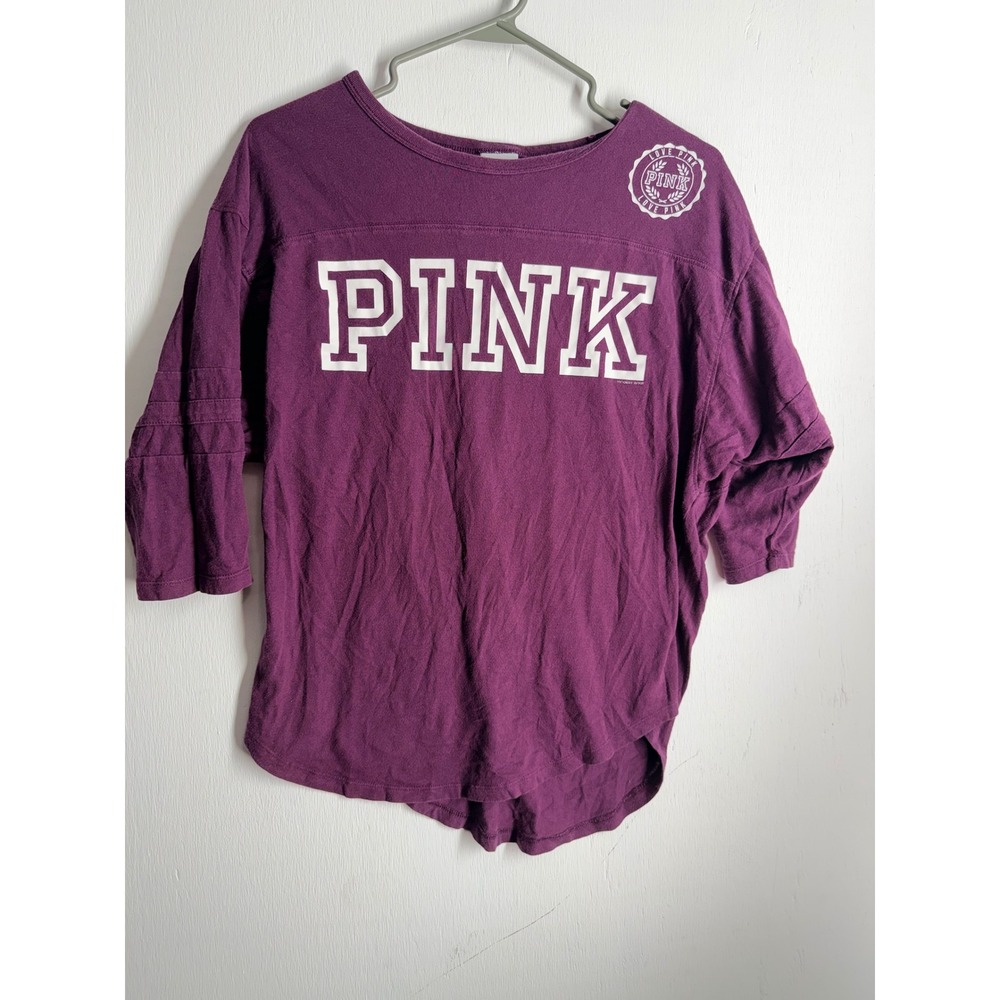 Victoria's Secret PINK Jersey Tee Purple 3/4 Sleeve Logo Shirt XS